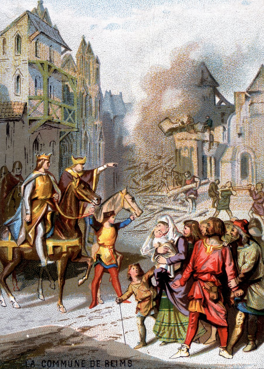 Reims kommuna (1160) – VII. Lajos megtorlásai a reimsi burzsoák közösségi szabadságjogainak lerombolására. A „Hazafias nevelés képen keresztül” sorozat kromolitográfiája. alkotó: French School