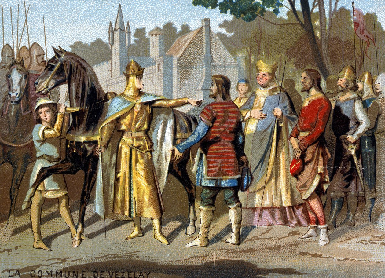 Vezelay község (1153): Pons abbé, Nevers grófja és Vezelay bírái VII. Lajos előtt Moretben, a fontainebleau-i erdő közelében, a kommün eltűnéséről döntöttek. A „” Patriotic Educatio sorozat kromolitográfiája alkotó: French School