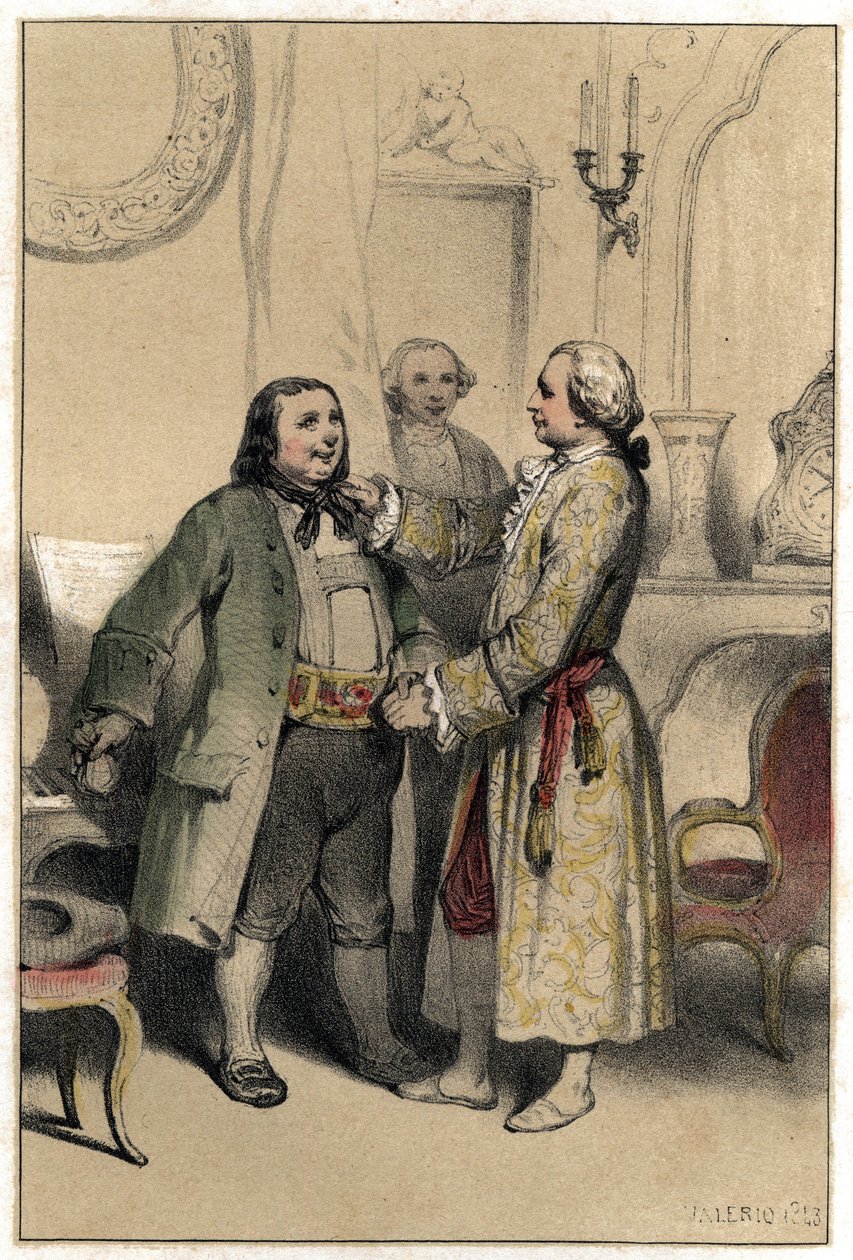 Joseph Haydn zeneszerző fogadott egy férfit, aki megkérte, hogy készítsen menüettet lánya esküvőjére. Valerio két árnyalatú „” Scenes de la vie des hommes híres””” metszetéből vett lemez. 1843. alkotó: French School