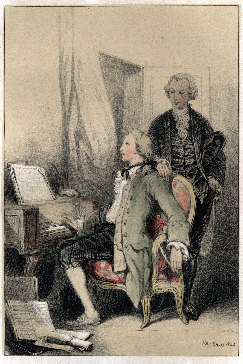 Wolfgang Amadeus Mozart (1756-1791) zeneszerző komponálja a rekviemet. Valerio két árnyalatú „” Scenes de la vie des hommes híres””” metszetéből vett lemez. 1843. alkotó: French School