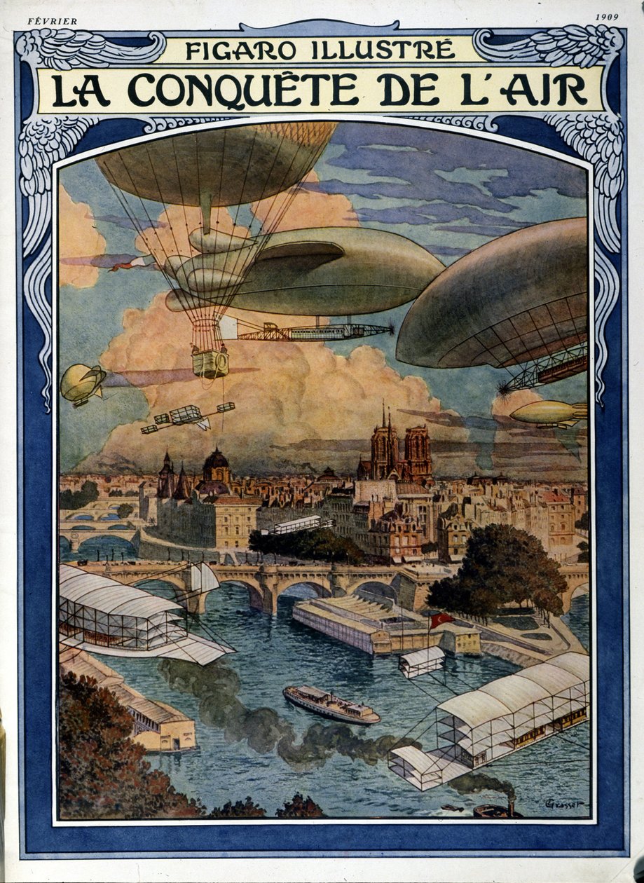 A levegő meghódítása: léghajó, léggömb és hőlégballon Párizs felett - a Figaro Illustrated címlapja 1909 februárjából. alkotó: French School