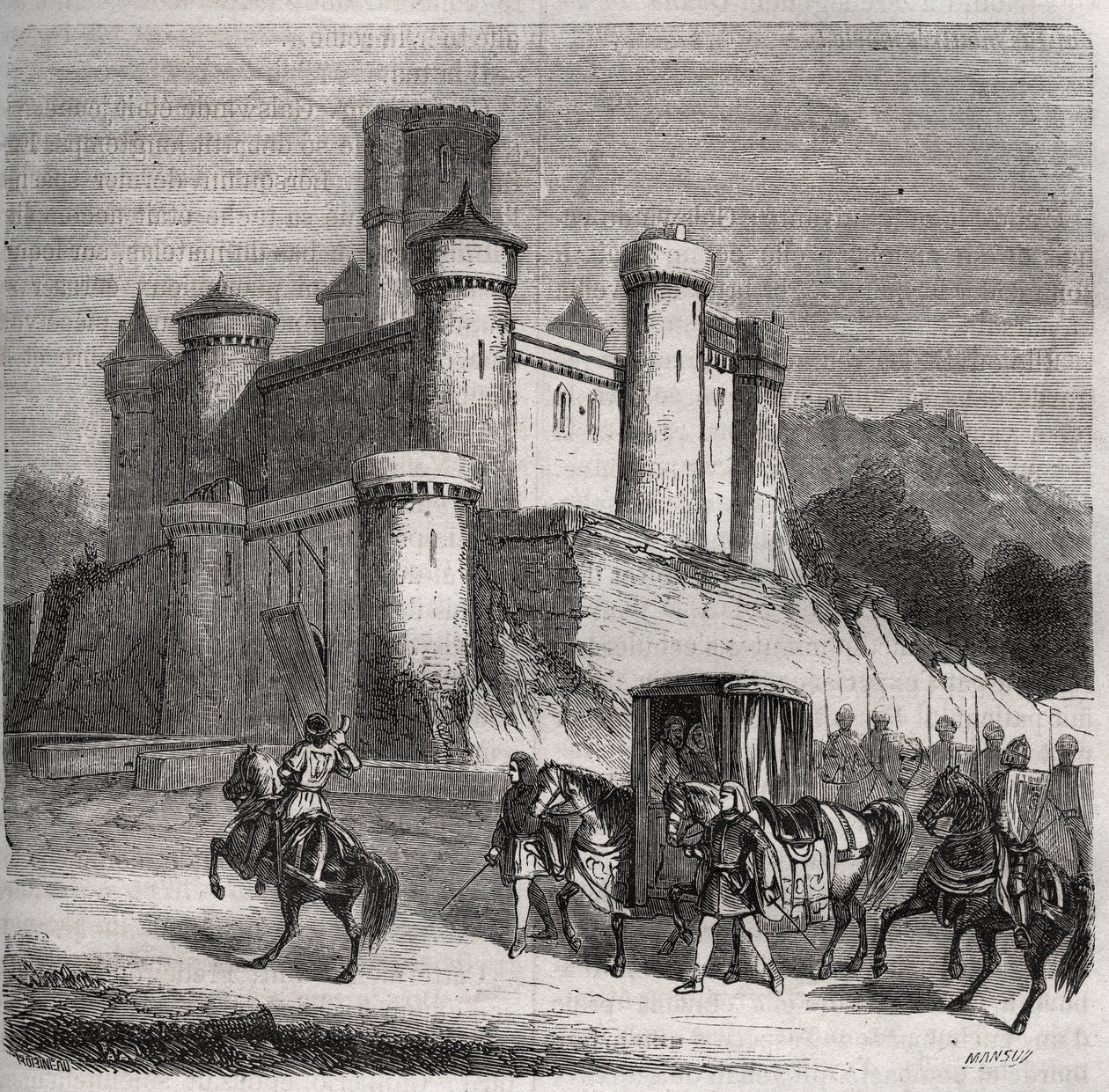 Rigonde (Rigonthe) kortege (569 körül-589 után) elhagyja Párizst, hogy menjen vőlegényéhez, Recarede herceghez. Metszet 1871-ből Henry de Kock (1819-1892) „Histoire Des Cocus Celebres” c. alkotó: French School
