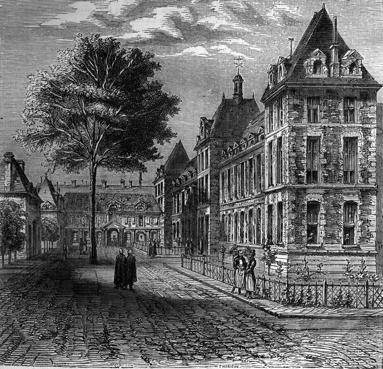 A párizsi Saint Louis Kórház udvara a 16. század végén. alkotó: French School