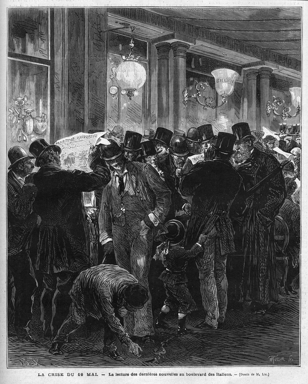Az 1877. május 16-i válság: a legfrissebb hírek olvasása a párizsi Boulevard des Italians-ról. Ez a francia politikai válság Mac Mahon (Mac-Mahon) levelének az eredménye, amelyben kritizálja Jules Simon tanácselnök hozzáállását, aki végül feláll. alkotó: French School
