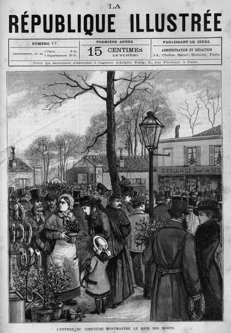 A párizsi Montmartre temető bejárata előtti tömeg halottak napján (Toussaint). Egy újság. Metszet 1880-ból a „La republique illustree”” magángyűjteményben. alkotó: French School