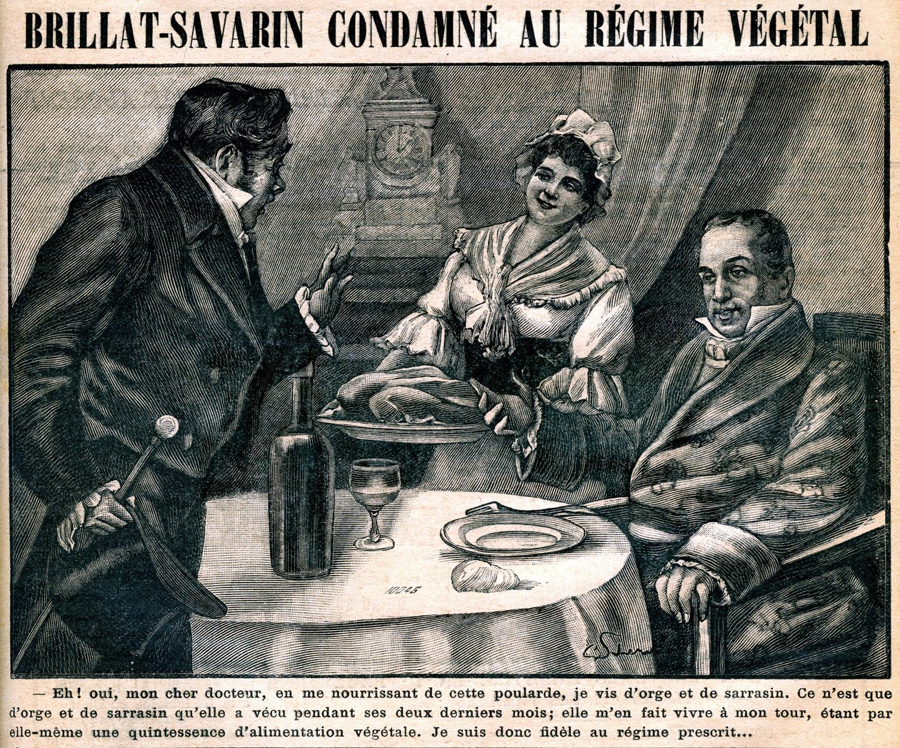 Jean Anthelme Brillat-Savarin (Brillat Savarin) (1755-1826) gasztronómus különös vegetáriánus étrendje a „La cuisine des familles” 90. számú hetilap címlapján, március 10. alkotó: French School