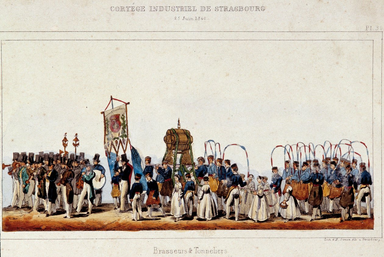 Sörfőzők és kádárok tánca a strasbourgi ipari kortézs alatt 1840.06.25-én. Simon litográfiája alkotó: French School