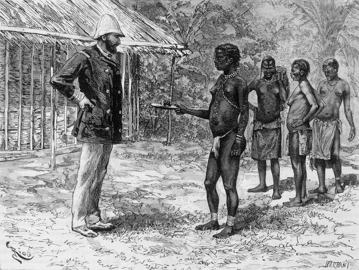 Libossi lánya hernyótálat ajándékoz M. de Brazza-nak – a Tour du Monde-ban, 1888 2. héten alkotó: French School