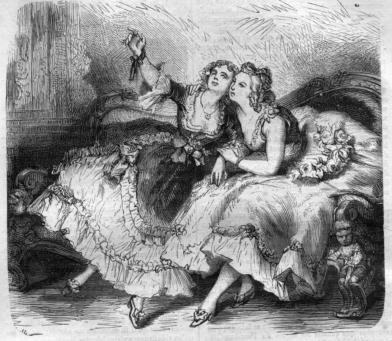XV. Lajos francia király dit le Bien-Aime (Bien Aime) „háremjének” lányai (1710-1774). Metszet a „Pápák-királyok-királynők és császárok története az évszázadokon keresztül” című könyvébe, Maurice Lachatre alkotó: French School