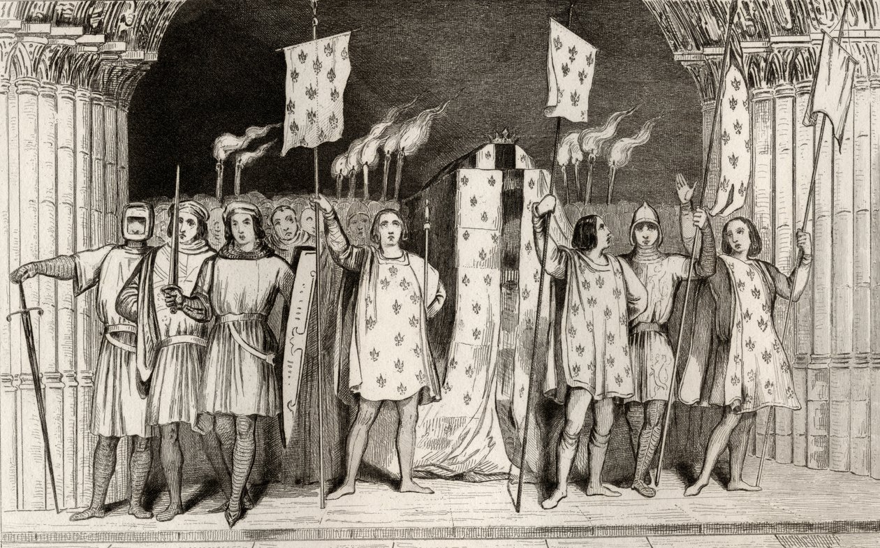 A halott csecsemő Jean I (1316), a posztumusz kikiáltott királlyá a temetésén Colart "Histoire de France" című művéből, amely 1840 körül jelent meg. alkotó: French School
