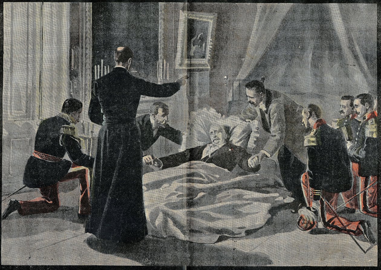 Felix Faure (1841-1899), francia elnök, Renault abbé halála megadta neki a feloldozást. Metszet a „” Le Pelerin”-ben” 1899.02.26. alkotó: French School