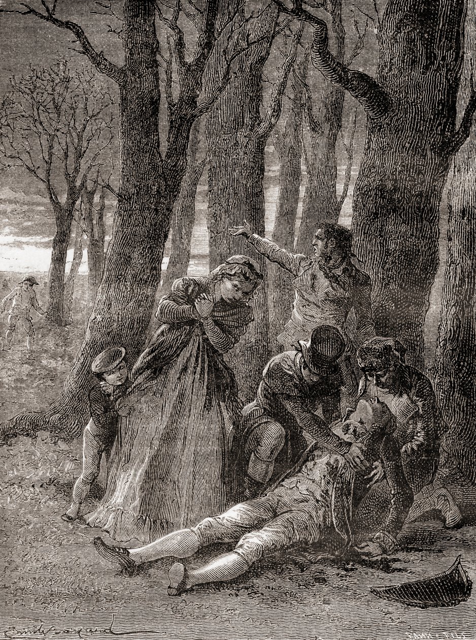 Philippe Lebon halála a Champs-Élysées-n, miután tizenháromszor megszúrták, az 1870 körül megjelent „Les Merveilles de la Science”-ből (metszet) alkotó: French School