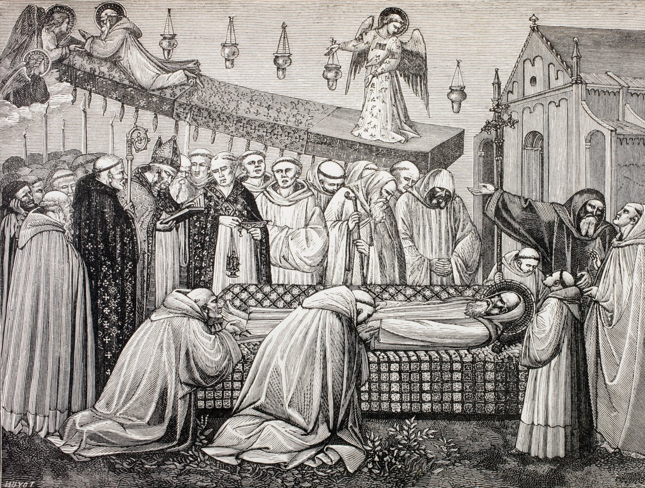 Nursiai Szent Benedek halála a Monte Cassino-i apátságban, Paul Lacroix „Katonai és vallási élet a középkorban” című művéből, London, 1880 körül. alkotó: French School