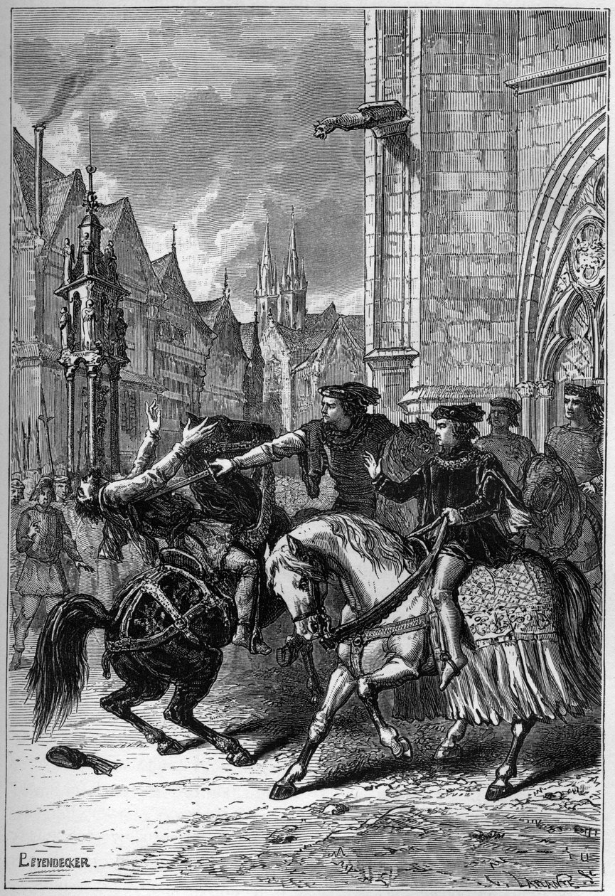 Wat Tyler halála a londoni Smithfieldben, 1381-ben a parasztok lázadása idején – Wat (vagy Walter) Tyler angol forradalmár halála Smithfieldben, a londoni paraszti lázadás idején alkotó: French School