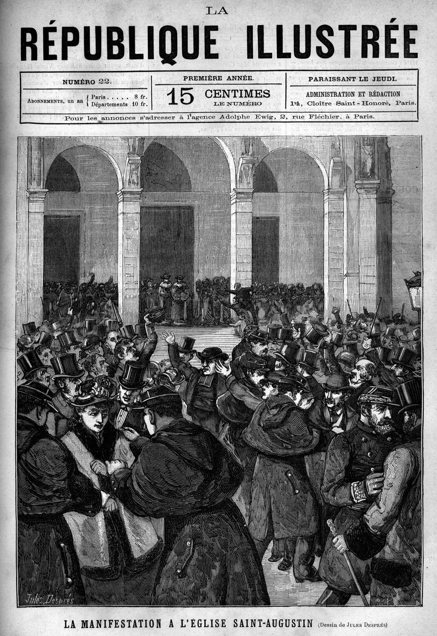 Tüntetés a párizsi Szent Ágoston (Saint-Augustine) templomban: heves a párizsi rendőrség és a Jules Ferry által hozott 1880. márciusi rendeletekkel szemben ellenséges tüntetők között, amelyek megvonták a jogosulatlan vallási gyülekezetek tanításának jogát. alkotó: French School