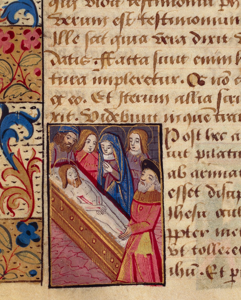 Krisztus lerakása a sírban, miniatűr az Órák könyvéből (Poitiers használata), latin és francia kézirat, Robinet Testard tanítványa illusztrálta, kézirat 1097 folio 80 verso, Franciaország 15. század vége. alkotó: French School