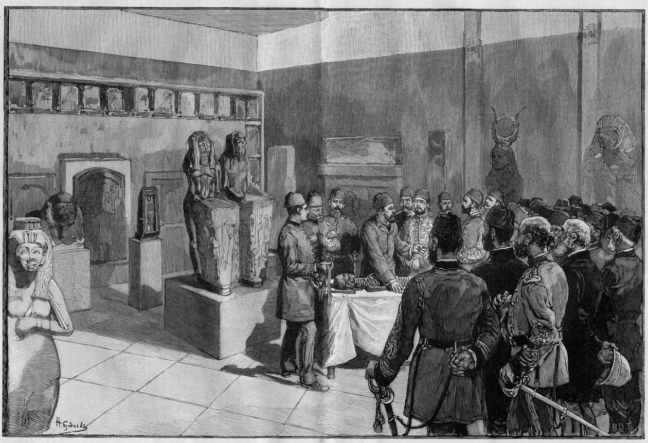 Sesostris múmiájának (II. Rhamszesz) lebontása a Musee de Boulaq-ban (Kairó, Egyiptom), Gaston Maspero khedive Tewfik jelenlétében. Metszet a „The Illustrous World”-ben, 1886. alkotó: French School