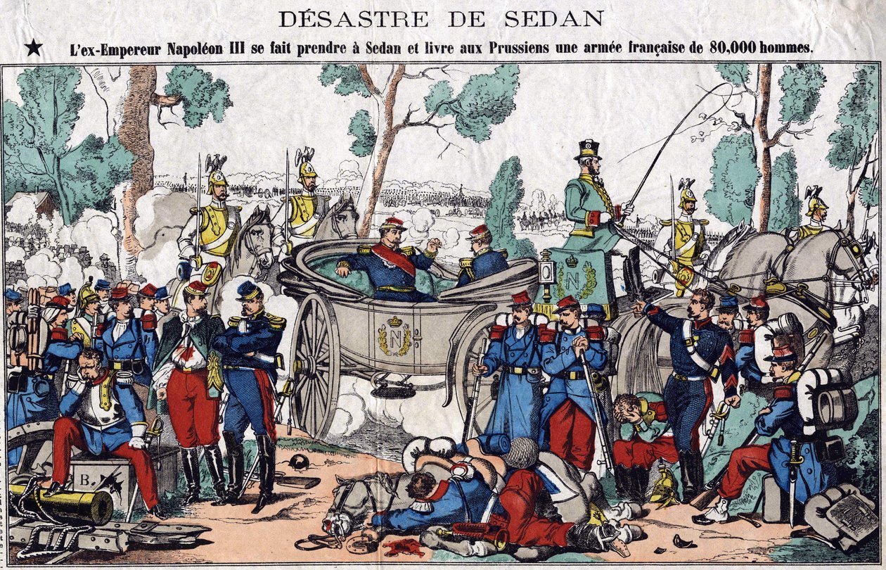 A Sedan katasztrófája; III. Napóleon volt császárt elkapják Sedanban, és a poroszoknak szállítja a 80 000 fős francia hadsereget, egy 19. századi gerinc képét. alkotó: French School