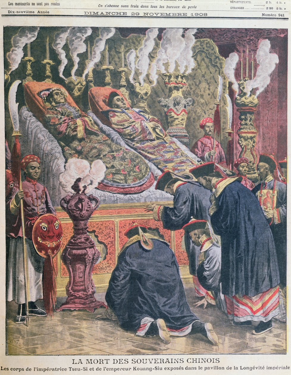 Kouang-Siu császár (1872-1908) és nagynénje, Tseu-Hi császárné (1835-1908) holttestének kiállítása a császári hosszú élet pavilonjában, illusztráció a Le Petit Journal 1908-ból (lith színes) alkotó: French School