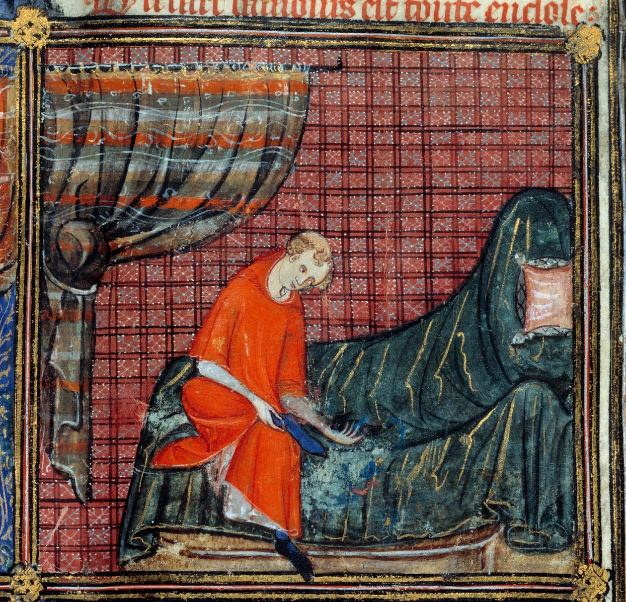 Az álom, részlet: A szerető ruhái. Miniatűr a „Róma római rózsa” című képében, Jean de Meun, Jean de Meung vagy Jean Chopinel, Jean Clopinel (v.1240-1305), 1370 körül. Chantilly, Musee Conde alkotó: French School