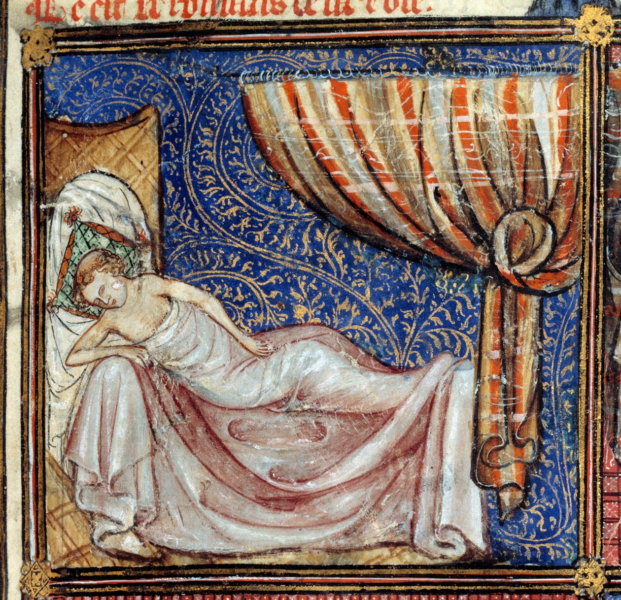 Az álom, részletek: Az alvó szerető. Miniatúra Jean de Meun, Jean de Meung vagy Jean Chopinel, Jean Clopinel (v. 1240-1305) "Le Roman de la rose" című művében, 1370 körül. Chantilly, Musee Conde alkotó: French School