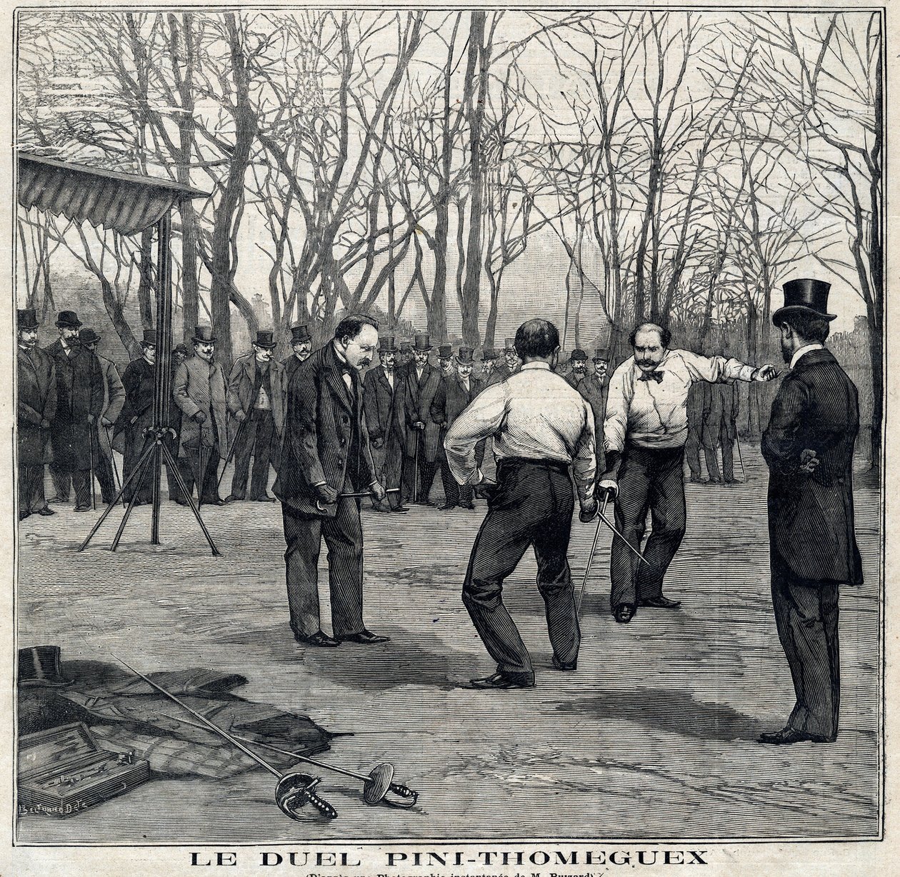 Pini és Thomeguex fegyvermesterek párharca a Parc de Saint Ouenben (Saint-Ouen). A "" Le Petit Parisien ""-ben 1897.03.28-án. alkotó: French School