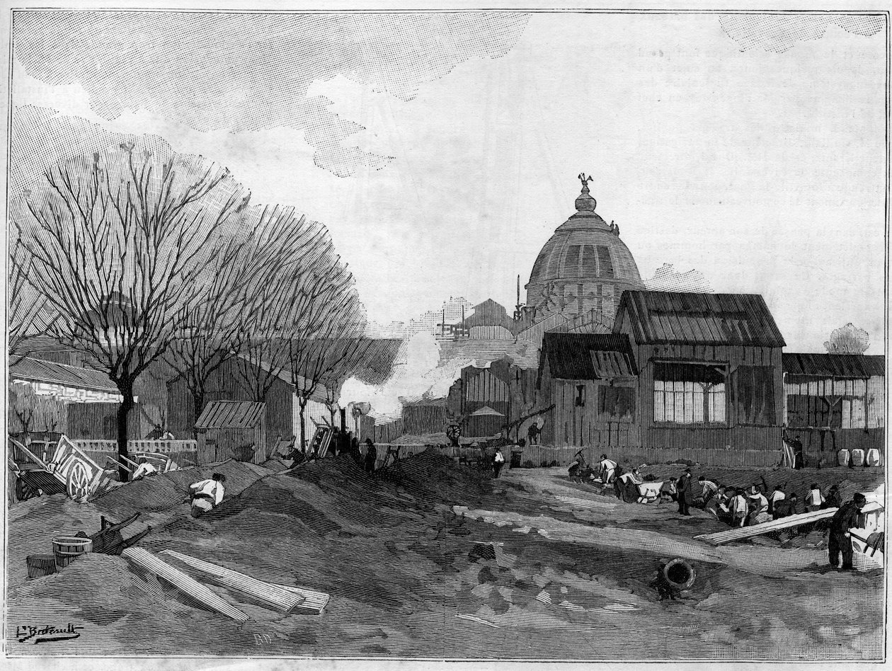 Az 1889-es világkiállítás monumentális szökőkútjának földmunkahelye Párizsban. alkotó: French School