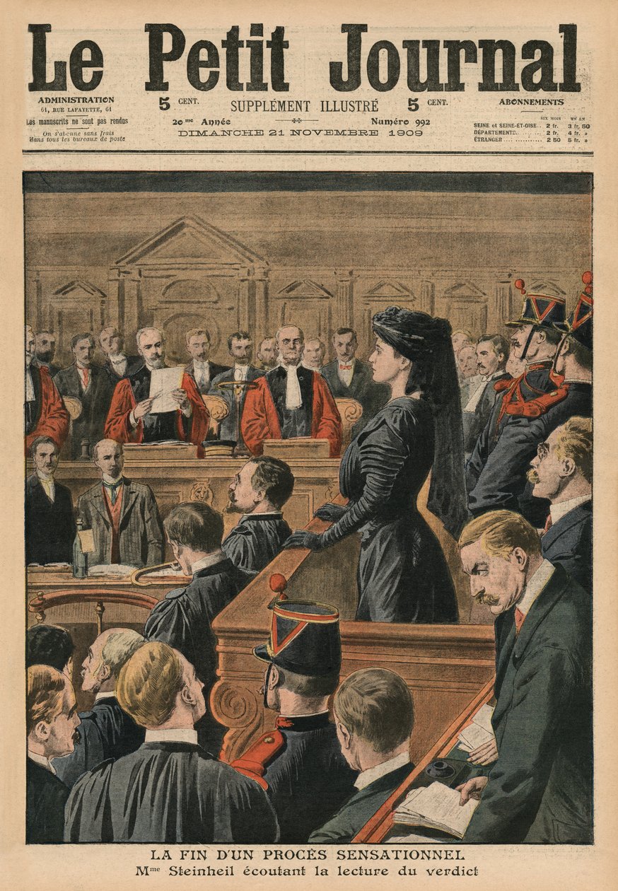 Egy szenzációs per vége, Marguerite Steinheil az ítéletet hallgatja, a „Le Petit Journal” első borítójának illusztrációja, mellékelt illusztráció, 1909. november 21. alkotó: French School