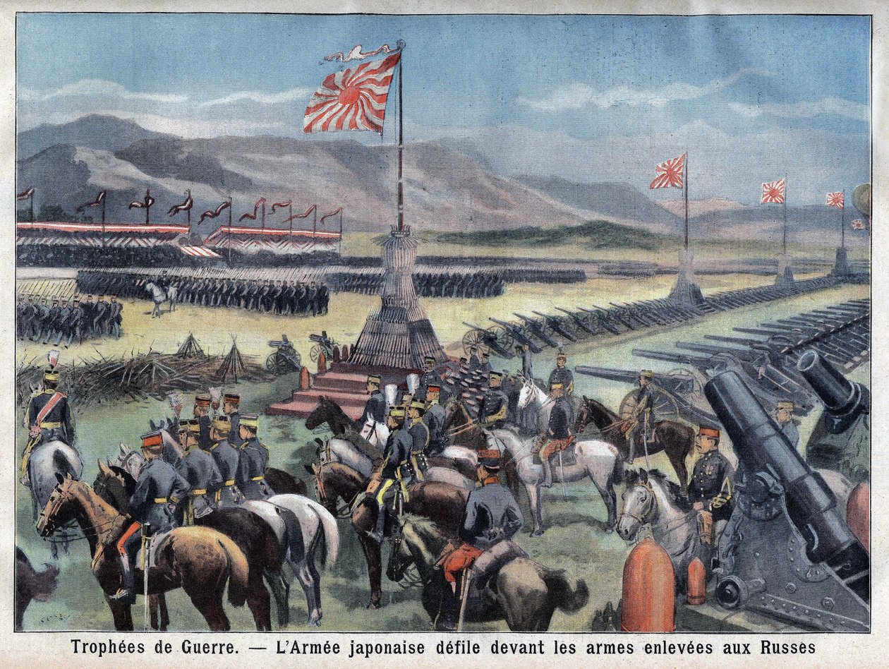A japán orosz konfliktus vége, Japán győztes hadserege az orosz fegyverkezés előtt ül a „Le Petit Parisien”-ben, 1906.06.24-én (metszet) alkotó: French School