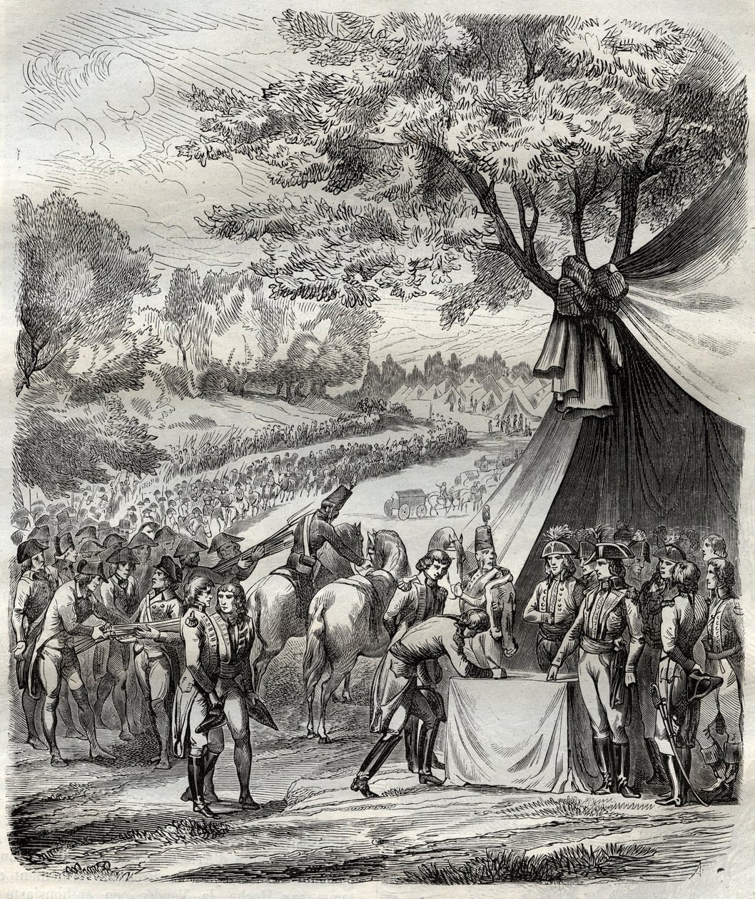 A vendeei háború vége - Hoche szerződést ír alá a bretonokkal - Revolution francaise - La pacification de la Vendee - Accords de la Mabilais, 1795. április 20. - aláírás Hoche tábornok és a chef chouanok között - A Mabilais-i szerződés aláírása alkotó: French School