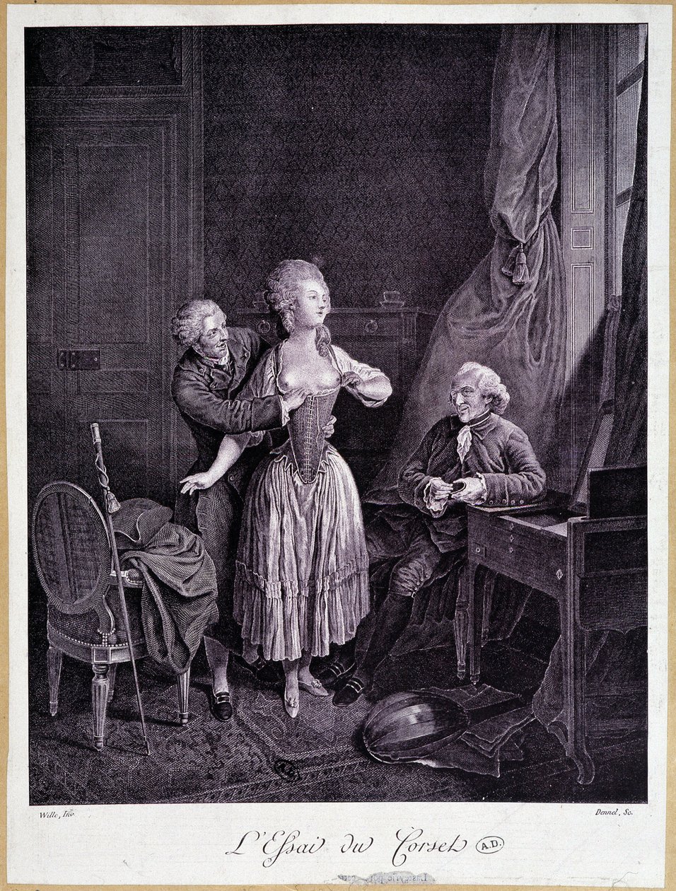 A fűző esszéje (két férfi és egy nő lecsupaszított mellekkel) - 18. metszet. alkotó: French School