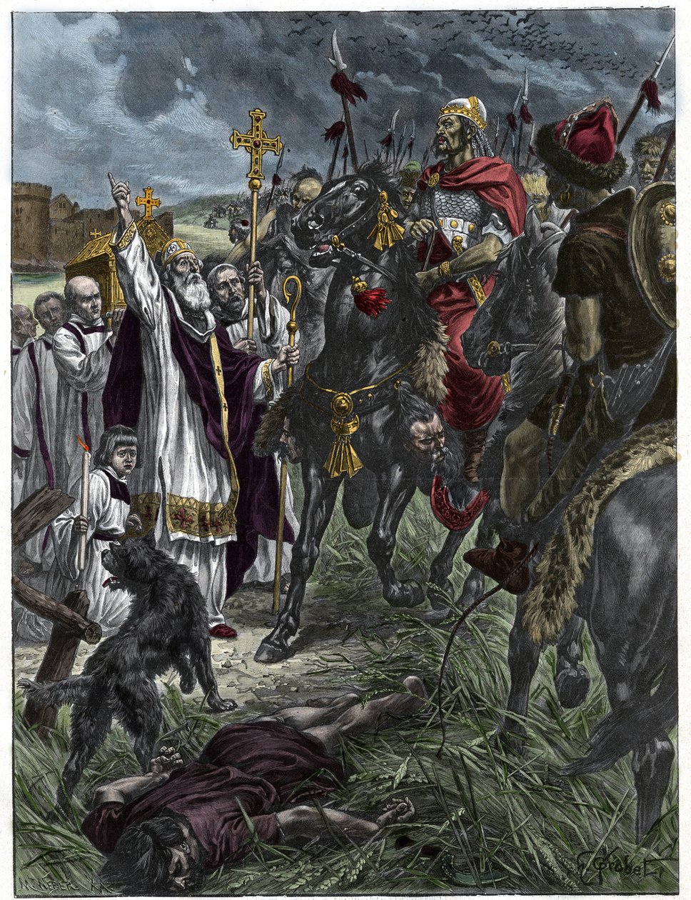 Az egykori Troyes-i Saint Loup letartóztatja Attilát, a hunok királyát Troyes előtt - Barbár inváziók - Metszet H. Grobert festménye után. alkotó: French School