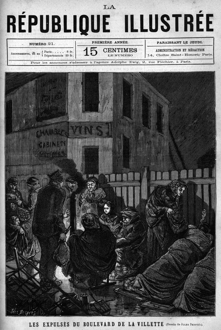 A Boulevard de la Villette kilakoltatása: egy párizsi városból kiutasított munkásoknak az utcán kell aludniuk (S.D.F.). Egy újság. Metszet 1880-ból a „La republique illustree”” magángyűjteményben. alkotó: French School
