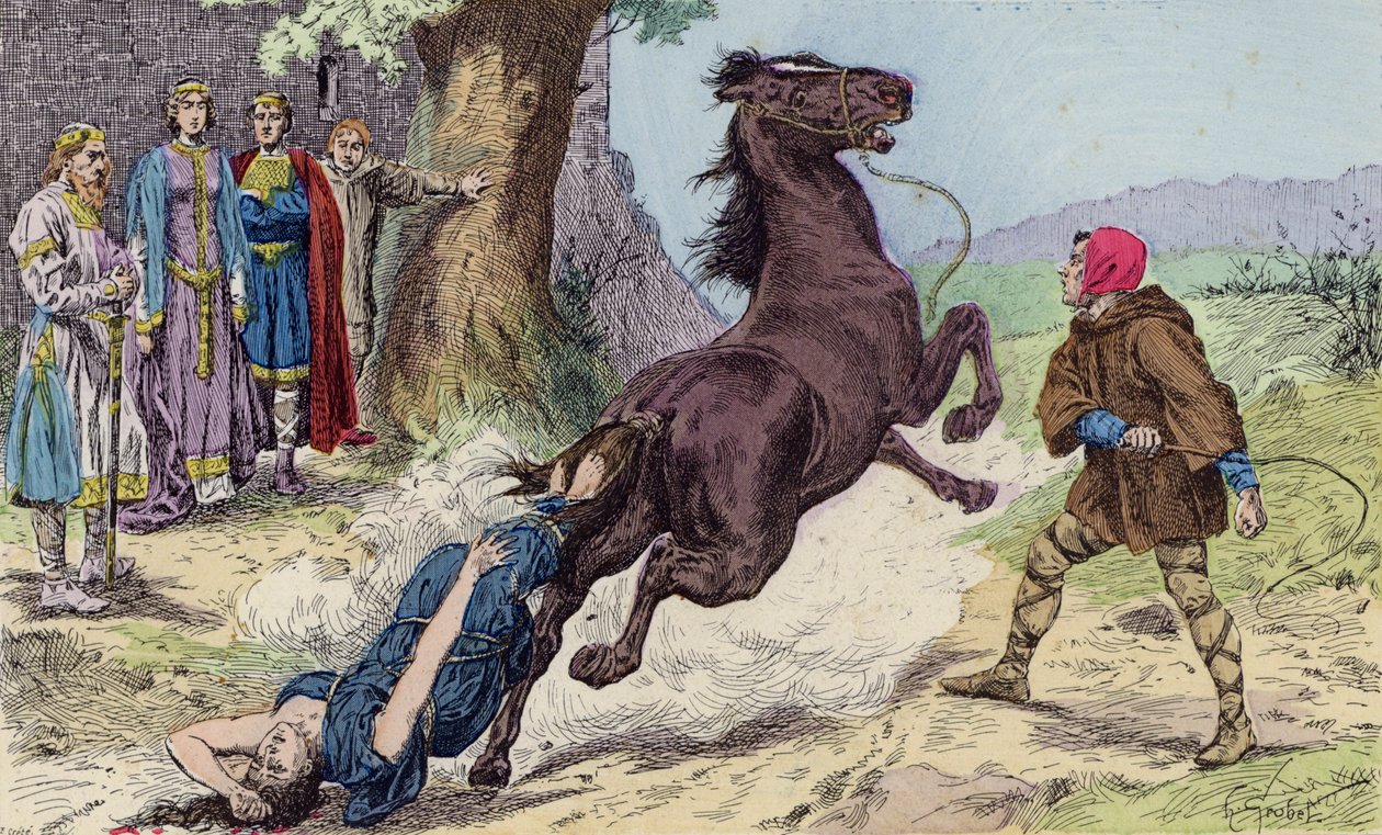 Brunhilda ausztriai hercegnő kivégzése II. Chlothar által, 613 (színes litográfia) alkotó: French School