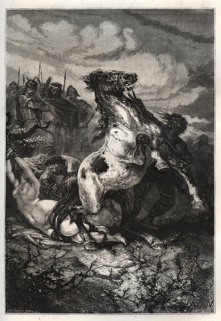 Az ausztráliai Brunhilda kivégzése II. Chlothar által, 613 – Ausztriai Brunhilda királynő, egy vizigót hercegnő halála, aki férjhez ment I. Sigebert ausztrál királyhoz – Mort de Brunehaut (vagy Brunehilde) II. Clotaire (Clothaire) parancsára (613). metszés alkotó: French School