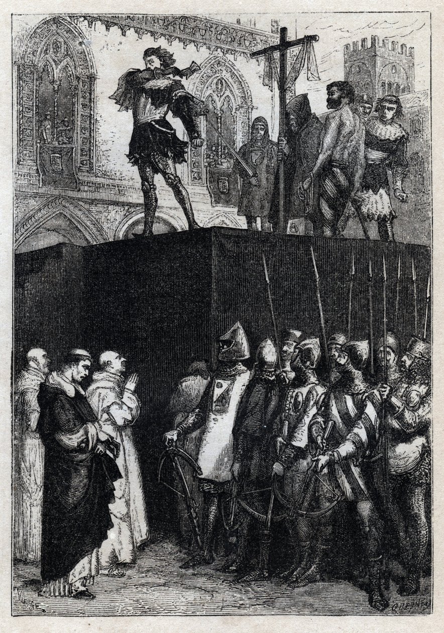 Konradin (vagy Hohenstaufeni Konrád) szicíliai király és sváb herceg (1252-1268) kivégzése Anjou Károly parancsára az 1268-as tagliacozzói csata után” (Konradin (vagy Konrád ifjabb), utolsó Staufer király kivégzése Szicília, követve alkotó: French School