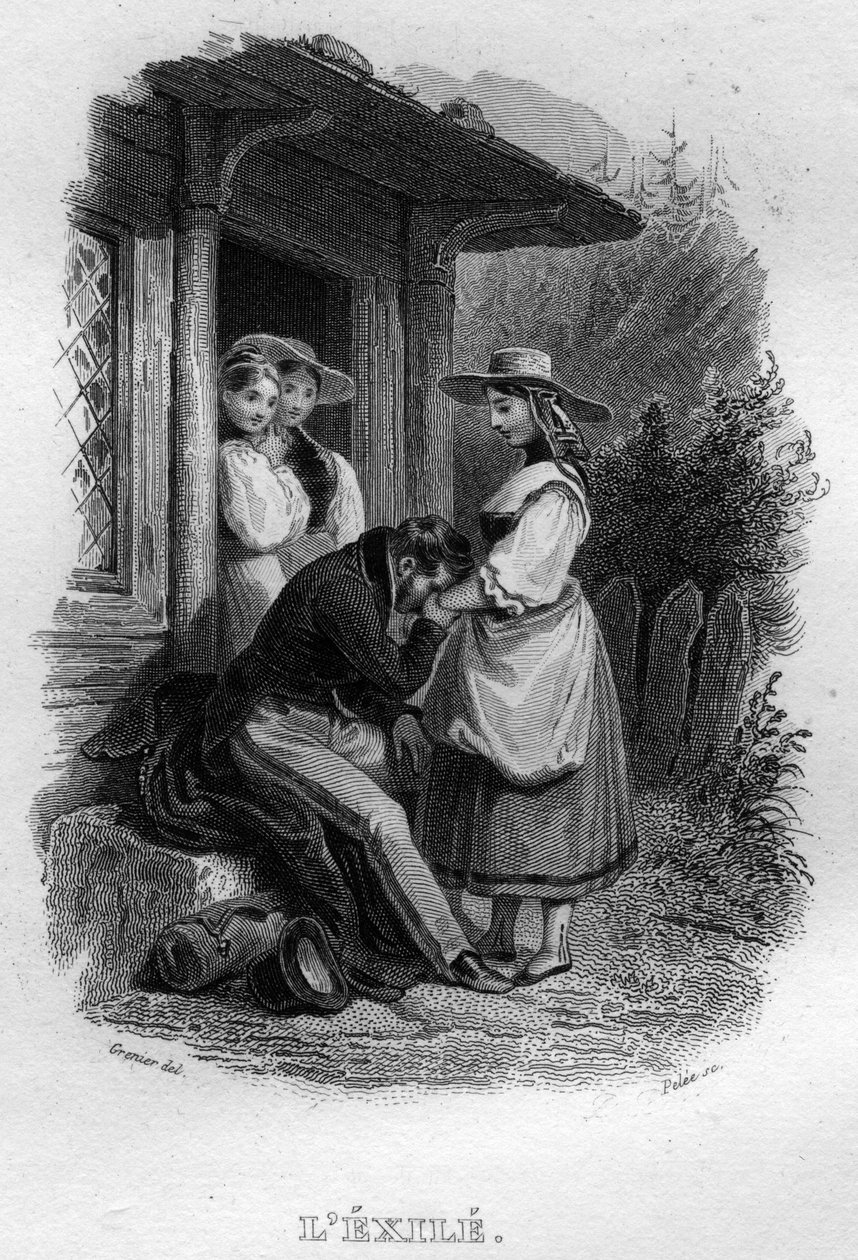 A száműzött Chanson de Beranger Pierre Jean de Beranger (1780-1857) francia költő és dalszerző „Művei befejeződnek” című művében (1834). alkotó: French School