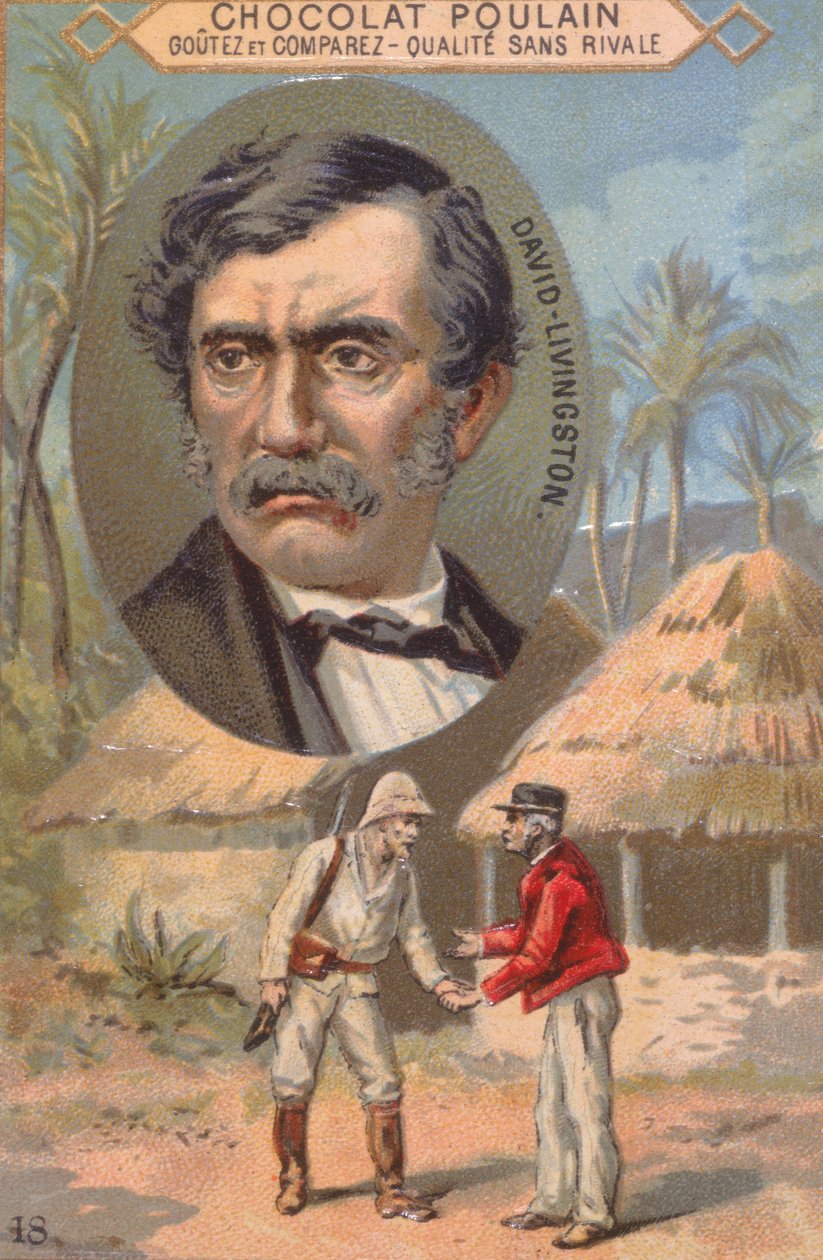 A felfedező David Livingstone (1813-73) és találkozása Stanleyvel (1840-1904) Ujijiben 1871. október 27-én, a Poulain csokoládét reklámozó kártya alkotó: French School