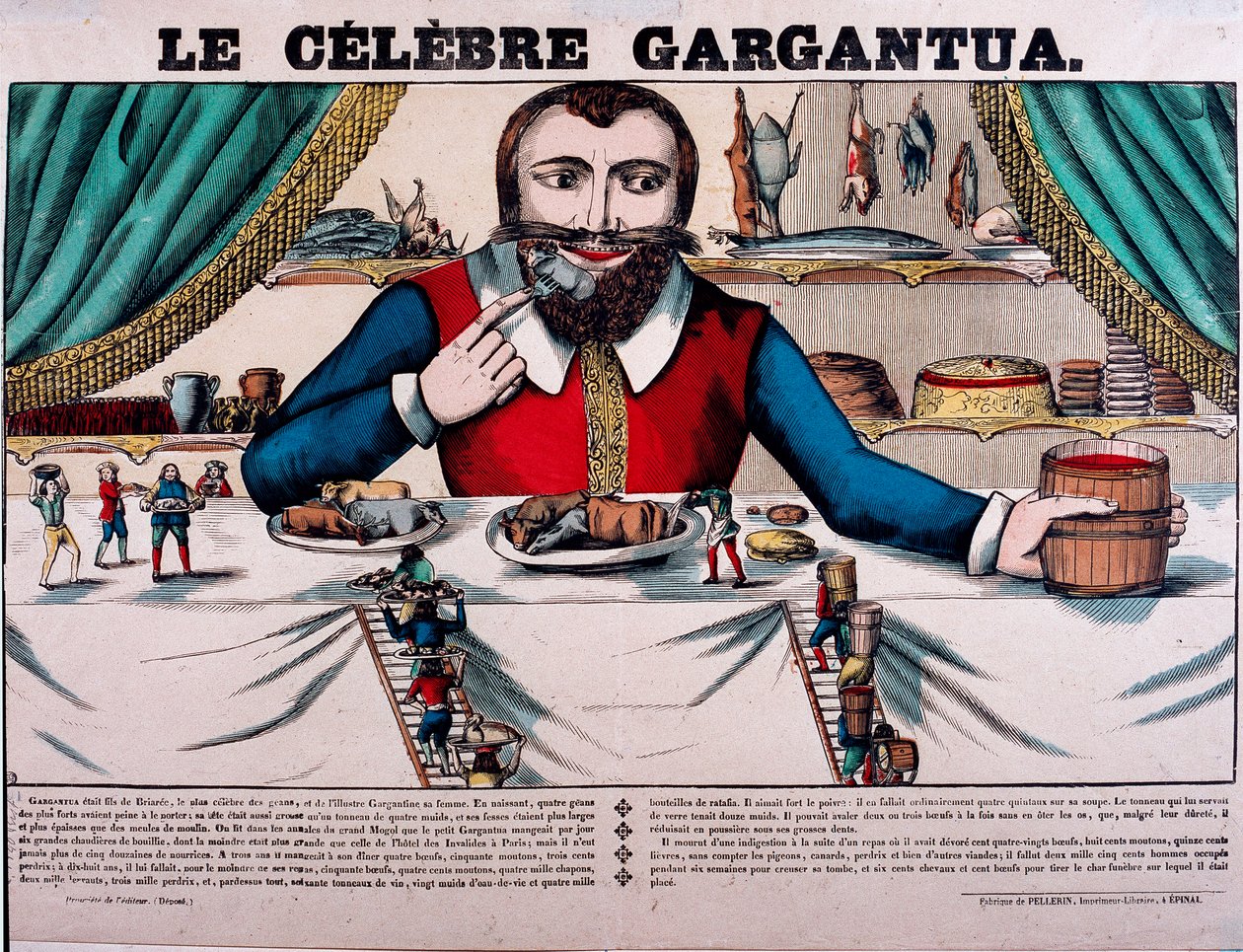 Francois Rabelais (1494-1553) francia író regényeinek híres Gargantua karaktere. A Gargantua nagy lombkoronával rendelkezik, és mindenféle étellel rendelkezik. század epinális képalkotása - alkotó: French School