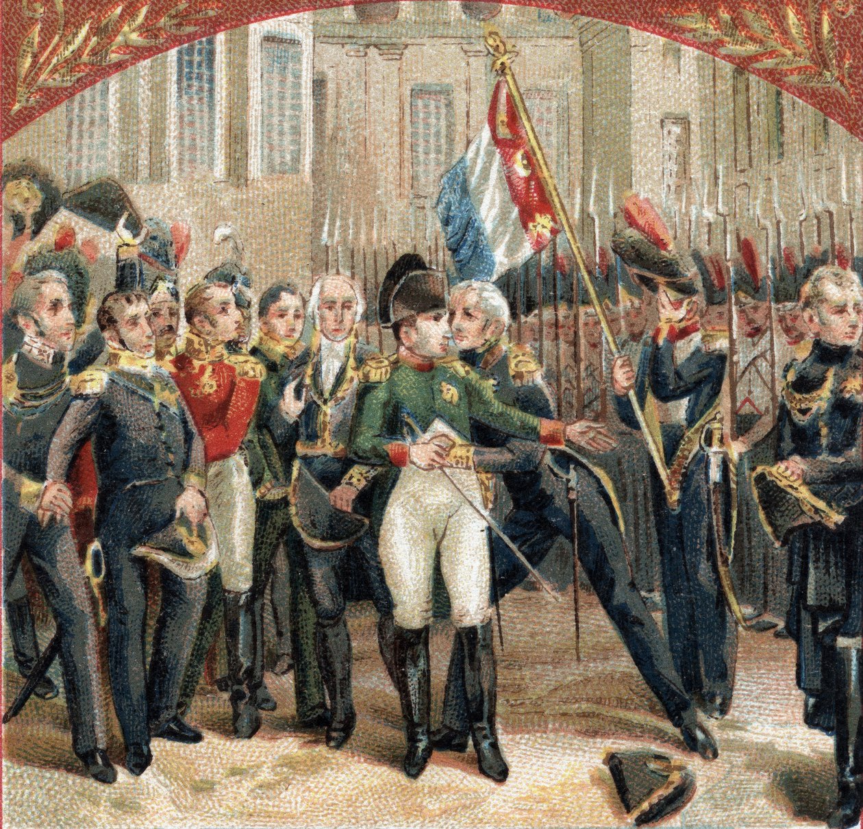 Bonaparte Napóleon (1769-1821) búcsúja a császári őrséget a fontainebleau-i kastély Cheval Blanc udvarában tartja 1814.04.20-án. A 19. század végének kromolitográfiája alkotó: French School