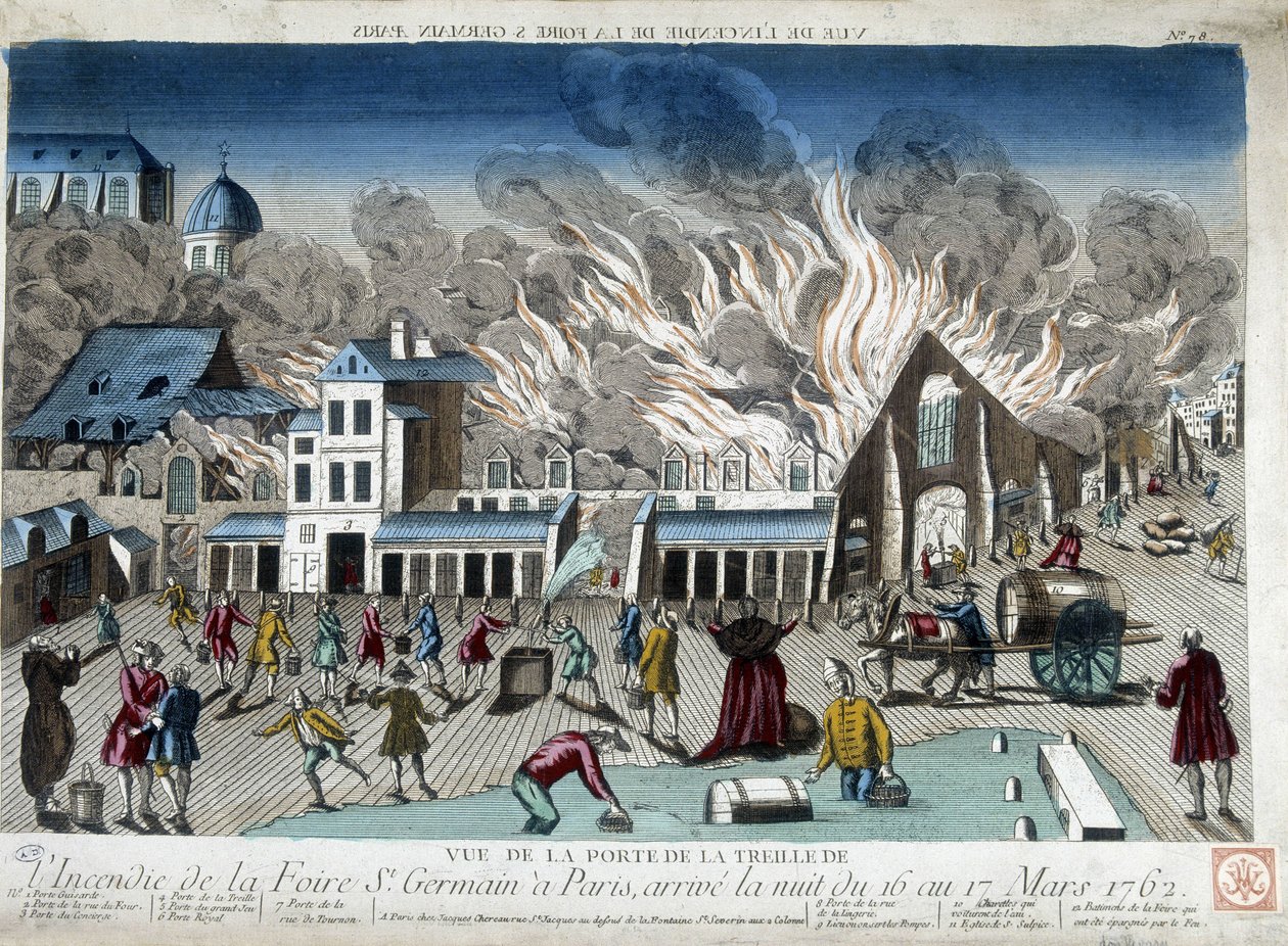 A párizsi St Germain vásár tüze, 1762. március 16-ról 17-re virradó éjszaka - metszet alkotó: French School