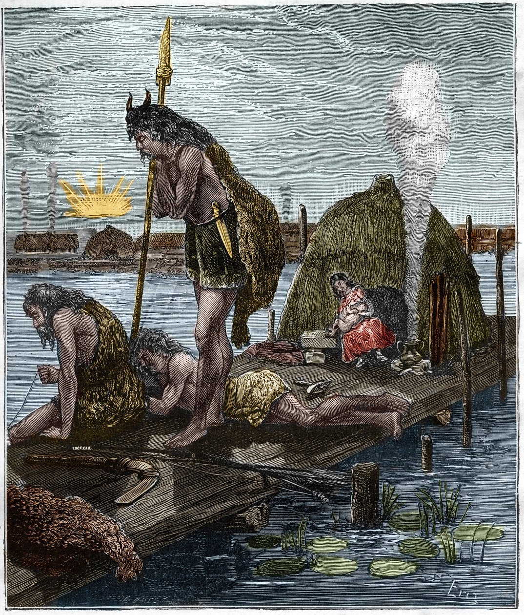 Az első párizsiak, vagy Lutece (Párizs) lakói (cölöpökön álló kunyhó) H. Gourdon de Genouillac „Párizs a századon át” metszete (1874). alkotó: French School