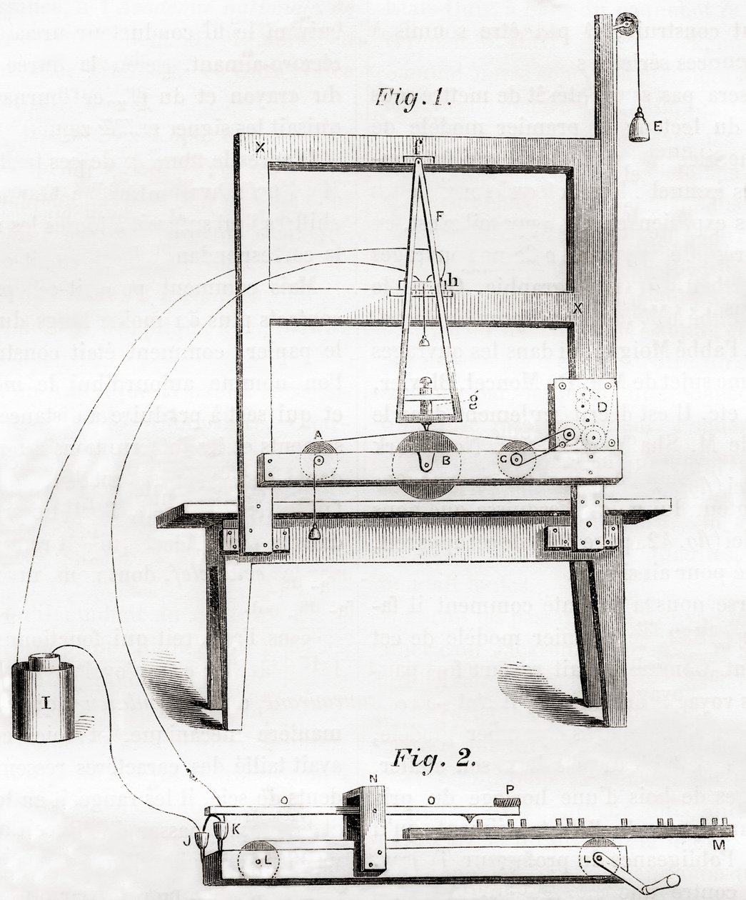 Az első elektromos távíró, amelyet Samuel Morse talált fel 1837-ben, a Les Merveilles de la Science-ből, 1870 körül megjelent (metszet) alkotó: French School