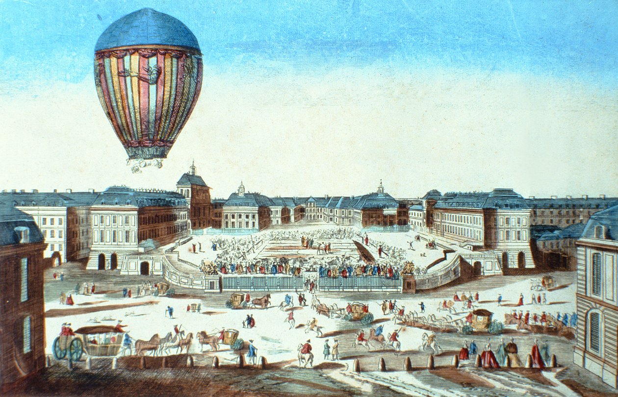 A szponzoráról, M. Montgolfierről elnevezett Pilatre du Roziers hőlégballon első repülése Versailles-ban 1784. június 23-án alkotó: French School