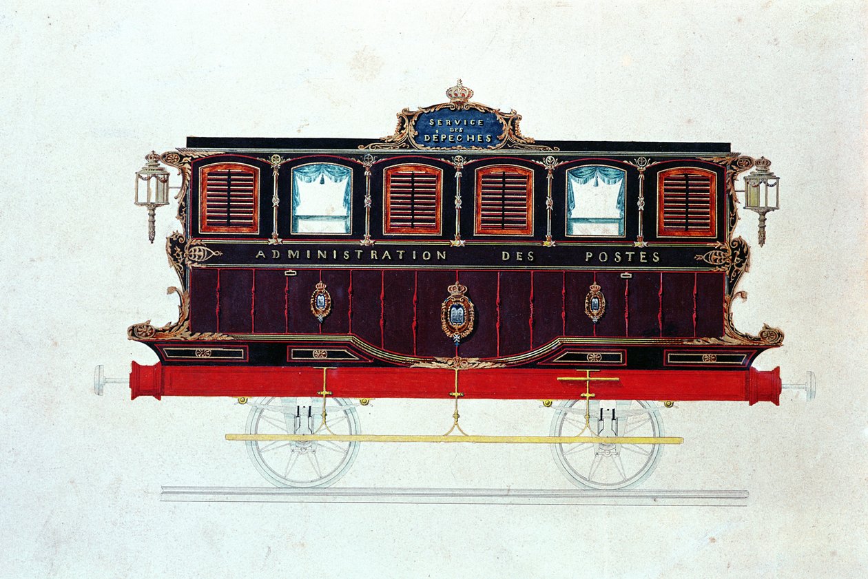 Az első postakocsi Franciaországban, 1830-48 körül (toll, tinta és WC papíron) alkotó: French School