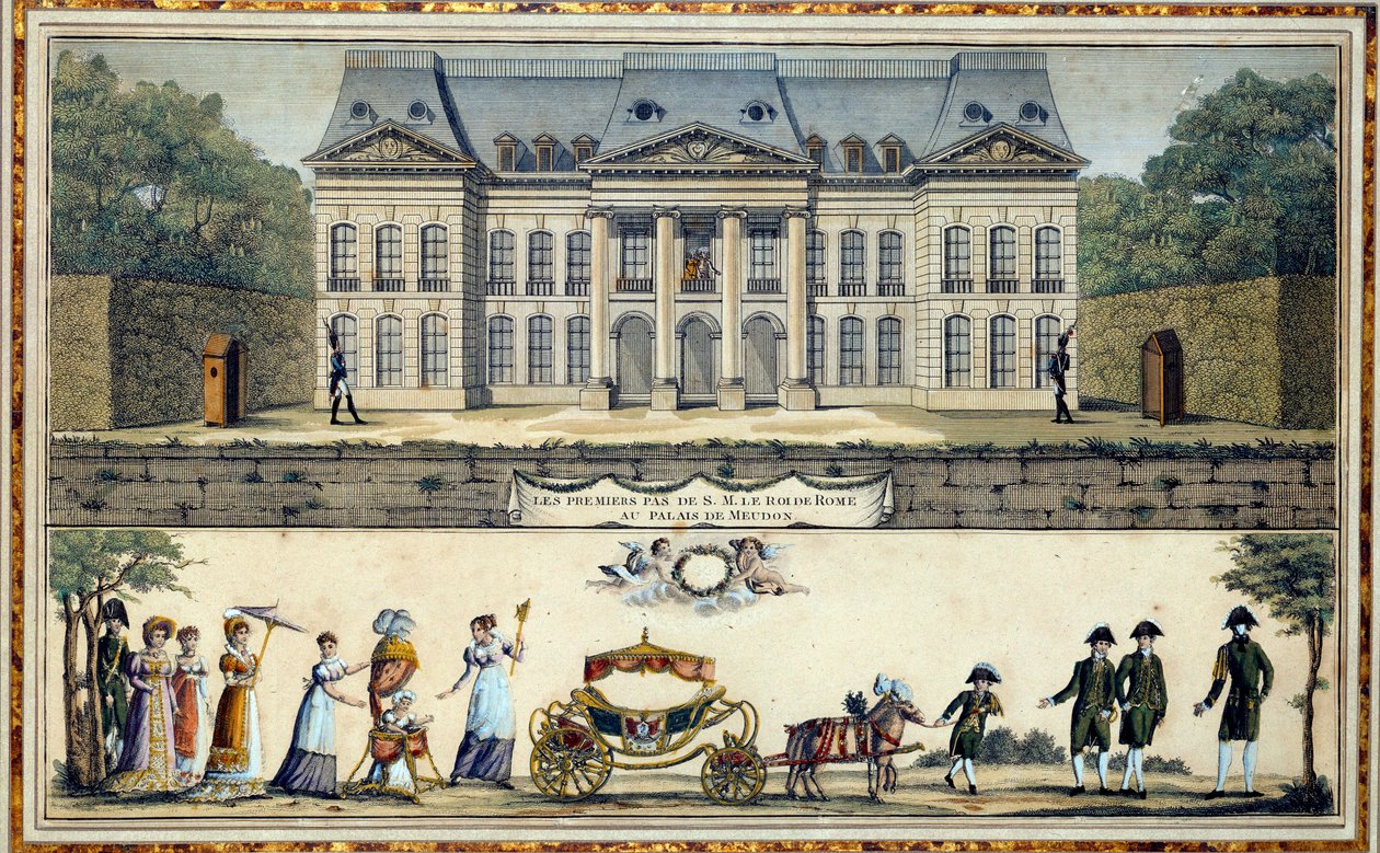 II. Napóleon római király, Reichstadt hercege (1811-1832) és I. Napóleon császár fia (1769-1821) első lépései, egy meudoni 19. századi Sceaux-féle nyomat, az Ile de France Múzeum alkotó: French School