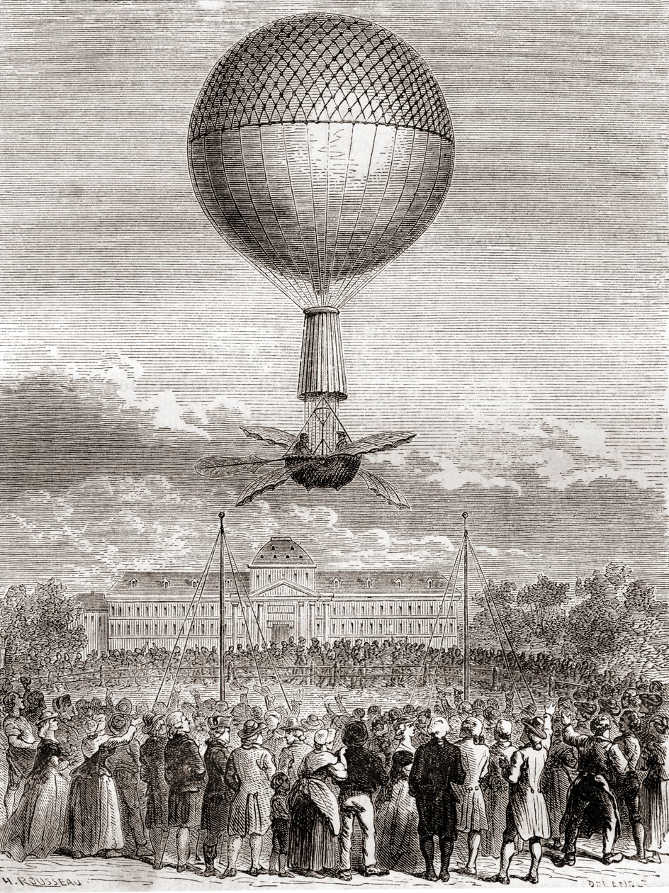 Jean-Pierre François Blanchard első sikeres ballonrepülése 1784. március 2-án, a franciaországi Champ de Mars-ból (Párizsból, Les Merveilles de la Science) felbocsátott hidrogéngáz-ballonnal, megjelent 1870 körül (metszet) alkotó: French School