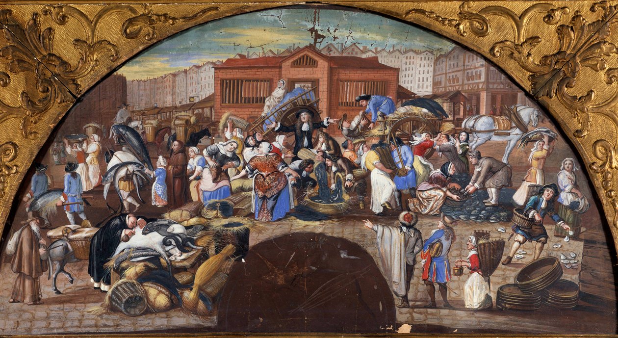 A halárverés a párizsi Hallesben Scene walking. Dekoráció a Francia Iskola rendezvényére. 17. századi Párizs, Musee Carnavalet alkotó: French School