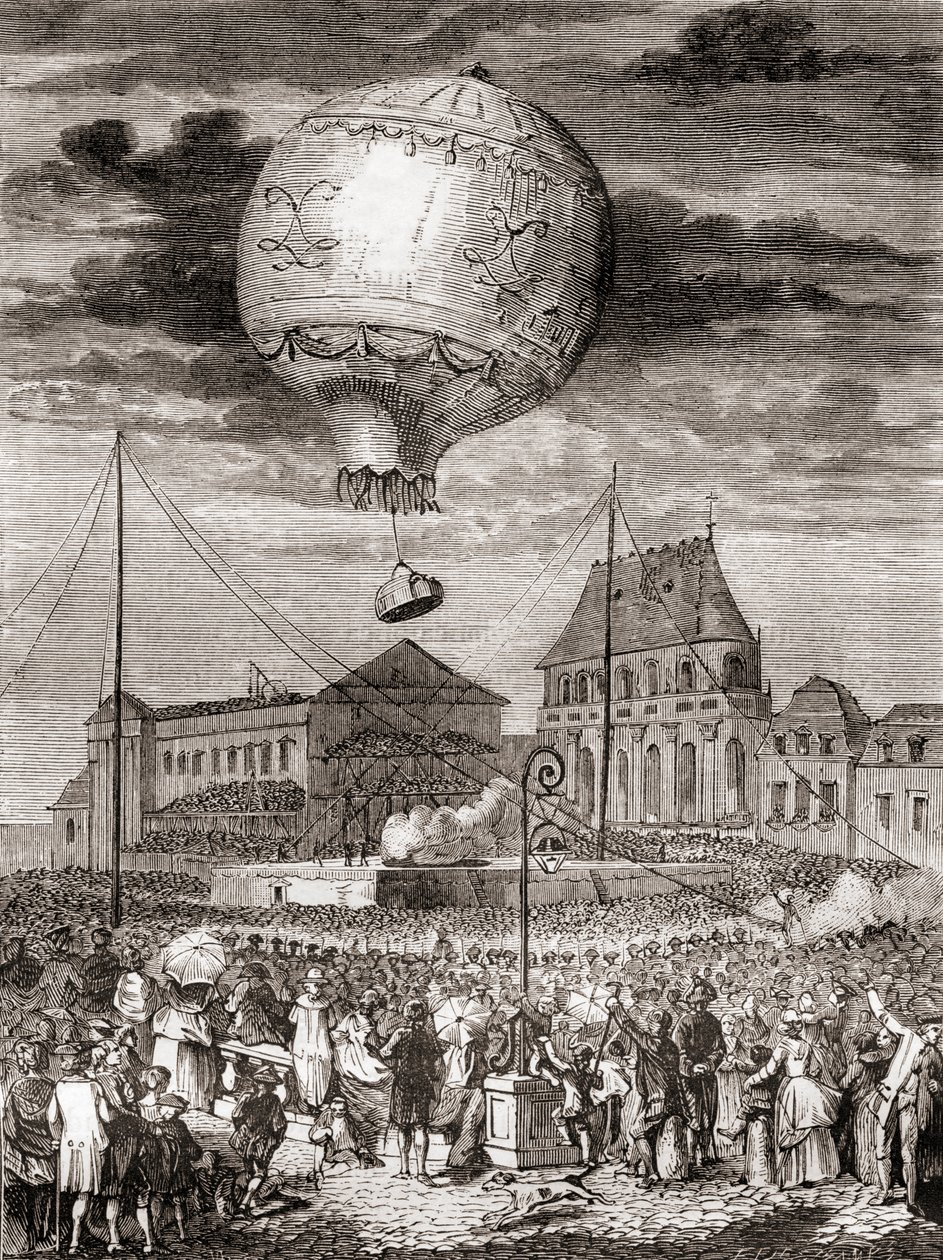 Az Aérostat Réveillon repülése 1783. szeptember 19-én a Montgolfier fivérek Versailles-ban (Franciaország) XVI. Lajos francia király és Marie Antoinette királynő előtt, a Les Merveilles de la Science-ből, megjelent 1870 körül (metszet) alkotó: French School