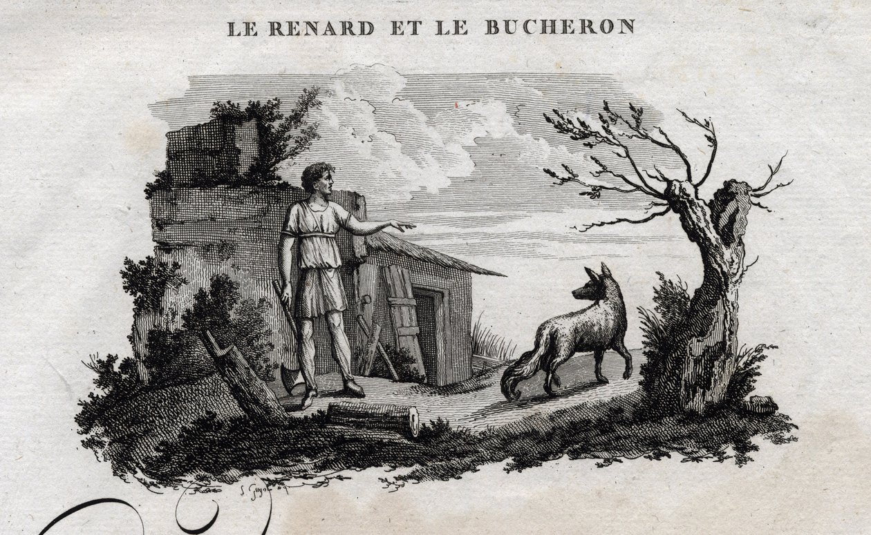 A róka és a favágó. Esope meséje. (Görög író Esopo vagy Ecopus, Kr. e. 6. század) Írta Guillaume Montfort és Gravees Beauble 1801-ben. alkotó: French School